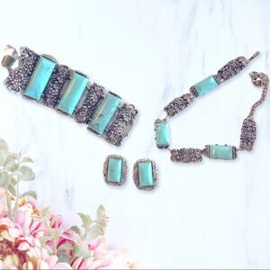 Fabulous Faux Turquoise 3 Piece Selro Set Chunky Bracelet Necklace & Earrings